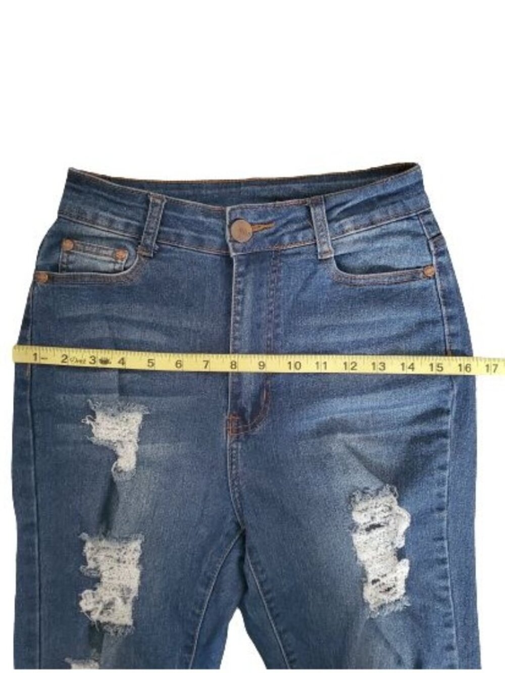 BOB Jeans High Waist Ripped Distressed Chewed Hem Skinny Blue Denim Jeans Sz 7/8 - Picture 9 of 11